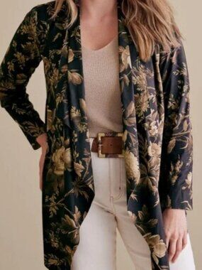 Soft Surroundings Shape Drape open jacket brown floral stretch faux suede boho